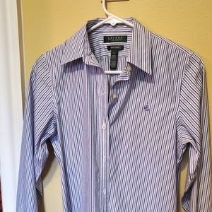 Lauren Ralph Lauren White Blue Non-Iron Long Sleeve Button-Down with Collar